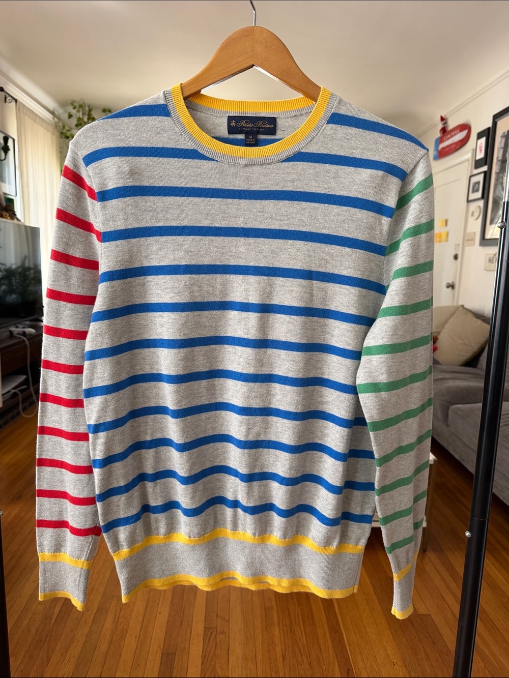 Brooks Brothers Supina Cott Gray Crewneck Sweater with Blue, Red & Green Stripes